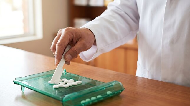 Pharmacists hands carefully counting and dispensing white pills on a green tray, ensuring accurate medication preparation in a pharmacy setting.