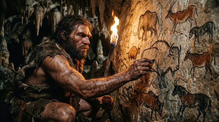 Naklejka premium Prehistoric man in animal hide painting on a cave wall. Ancient caveman holding a burning torch and drawing a bison. Paleolithic era and human evolution concept