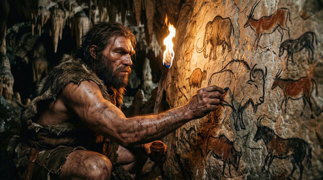 Prehistoric man in animal hide painting on a cave wall. Ancient caveman holding a burning torch and drawing a bison. Paleolithic era and human evolution concept
