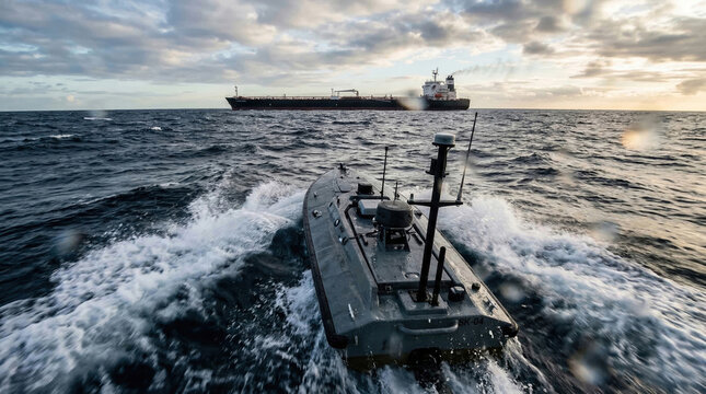 Unmanned surface vessel USV moving fast towards a large tanker in ocean. Autonomous drone boat in motion on choppy sea water. Maritime security concept