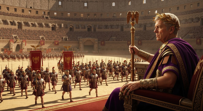 Profile of an elderly Roman emperor on a throne holding a golden scepter. Ancient Rome history and power concept. Soldiers marching in the arena
