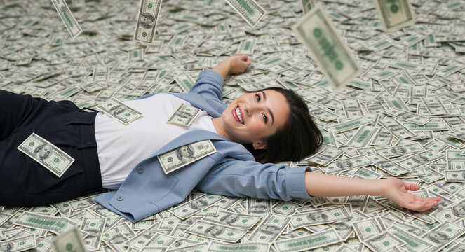 Happy young woman lying in a pile of money as dollar bills fall from above. Successful businesswoman celebrating wealth and financial freedom