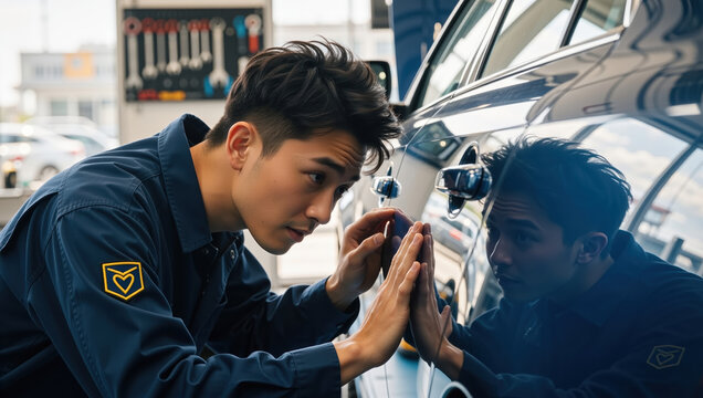 Asian mechanic inspecting car paint in auto repair shop. Professional detailer checking vehicle surface for scratches. Quality control concept