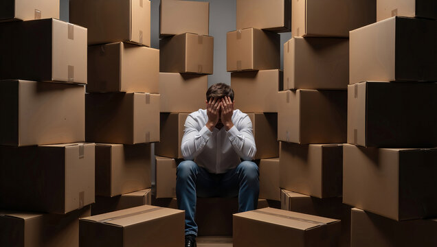 Stressed man sitting among cardboard boxes with head in hands. Overwhelmed male during moving or relocation process. Burnout and anxiety concept
