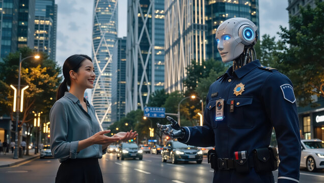 A futuristic robot police officer assists a citizen in a modern smart city at dusk. Humanoid AI providing public service and interaction