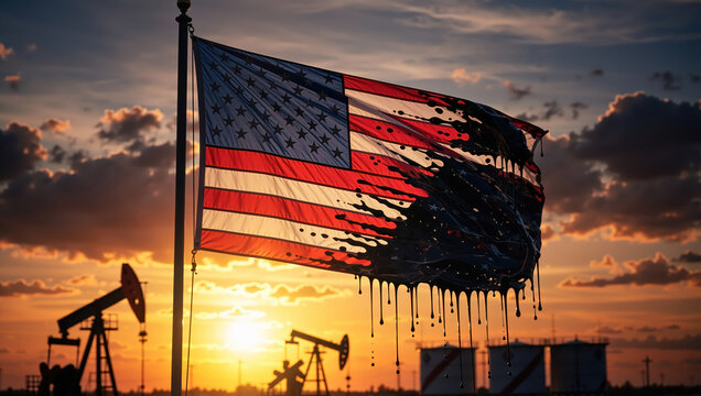 An American flag covered in dripping crude oil at an oil field during sunset. A conceptual image symbolizing fossil fuel dependency, the USA energy industry, and environmental pollution