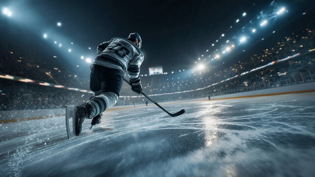 Dynamic ice hockey game action with player skating forward pass on illuminated arena rink during competitive night match