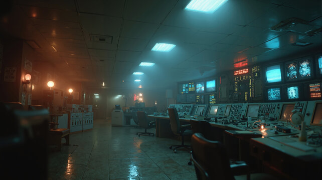 Futuristic control room with computers and monitors in dim lighting and atmospheric ambience