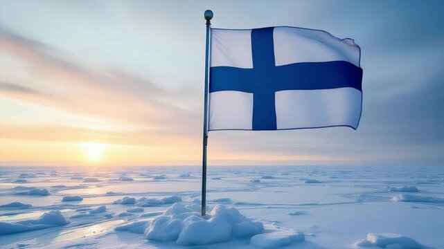 Finnish flag waving in a snowy arctic landscape at sunset