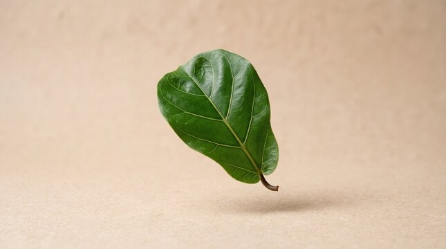 Single green fiddle leaf fig leaf floating on beige background