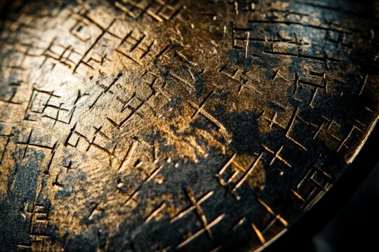 Ancient bronze disk with chinese characters in close-up detail