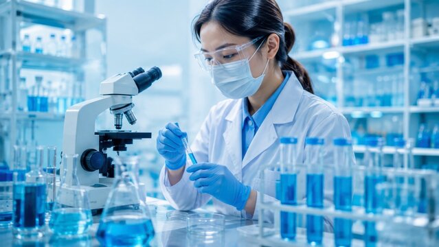Female scientist in lab coat examines specimen under microscope in modern research facility