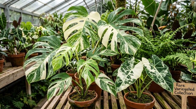 Variegated monstera plant in greenhouse collection