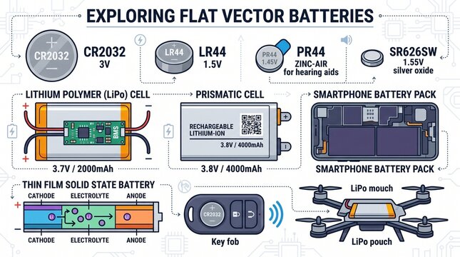 Flat battery types diagram showing lithium polymer and button cells