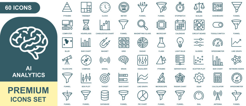 Ai analytics sheet with 60 outline icons including brain, charts, funnel, computer, and database symbols