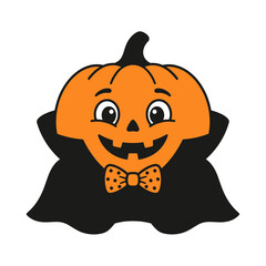 Cute cartoon halloween pumpkin character wearing a black vampire cape and a polka dot bow tie