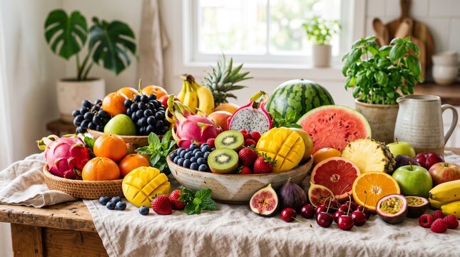 Fresh assorted tropical fruits on a rustic kitchen table