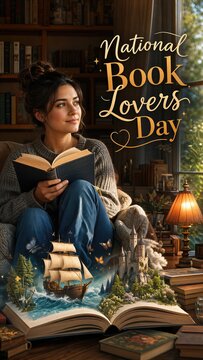 Woman reading book with magical adventure scene emerging from open pages. National Book Lovers Day celebration. Fantasy world concept with ship and castle coming alive for literature fan.