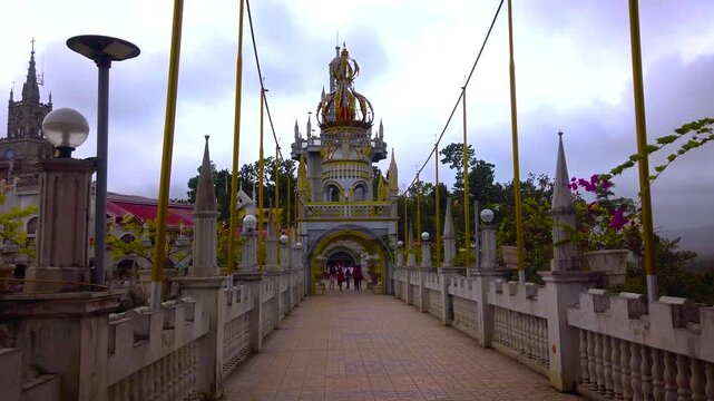 Simala Shrine - Passage Balcony.Arched Tower Gates - Catholic Church and Monastery of Holy Eucharist in Sibonga Village - Cebu City Region - Philippines Landmarks - Cloudy Day - LS 4K UHD