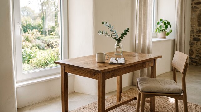 Wooden dining table with coffee cup and plant in rustic home interior
