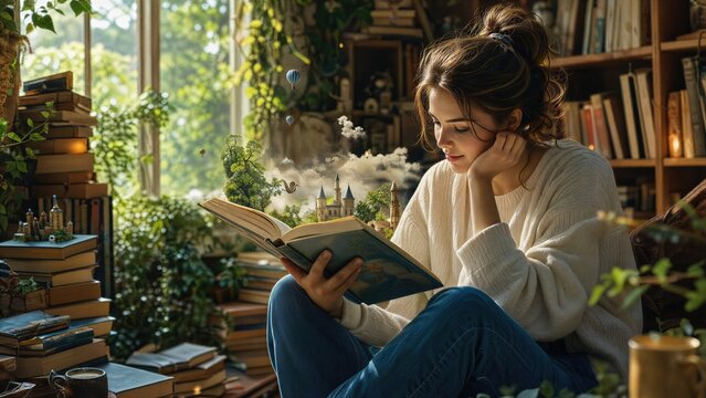 Woman reading book with magical fairy tale castle emerging from pages. Enchanted story world coming to life. Imagination and creativity concept. Celebration of National Book Lovers Day.
