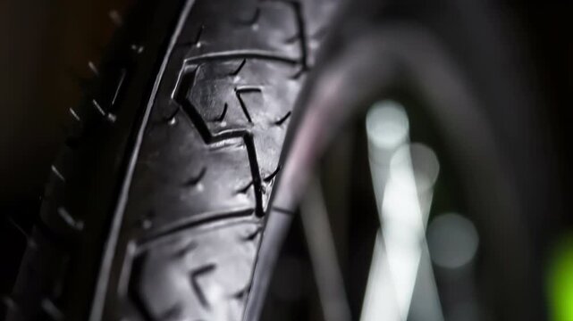 New Bicycle Tire. Rubber bicycle tire rotates in front of the lens