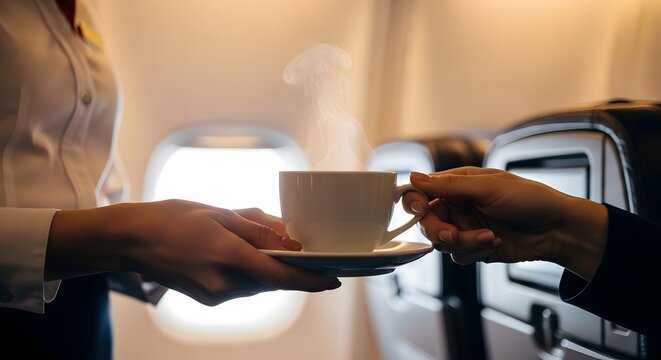 Close-Up Passenger Receiving Coffee from Cabin Crew with Soft Window Light During Peaceful Air Travel