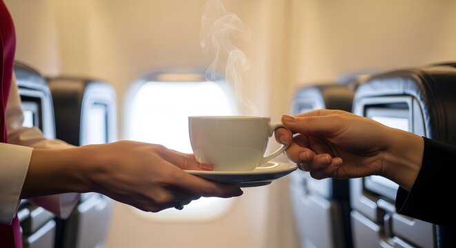 Airline Passenger Receiving a Cup of Hot Coffee from Flight Attendant During Comfortable In-Flight Service