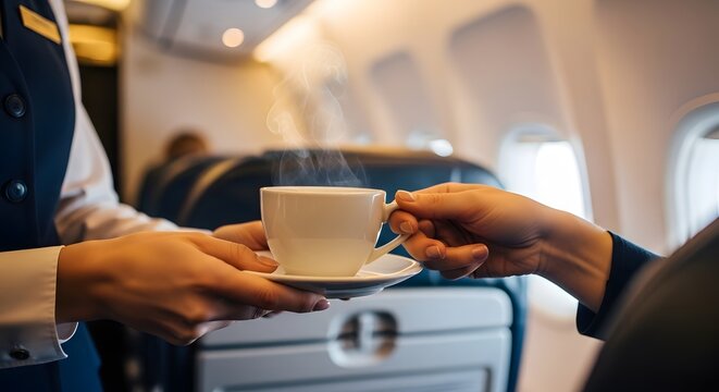 Passenger Accepting Hot Coffee from Flight Attendant in Bright Airplane Cabin During Friendly In-Flight Hospitality Service