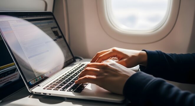 Focused Person Typing on Laptop Keyboard During an Airplane Flight Next to a Window, Representing Business Travel and Remote Work Productivity