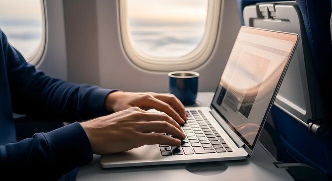 Professional Traveler Working Remotely on Laptop Computer Inside Modern Airplane Cabin by Window for Business Connectivity