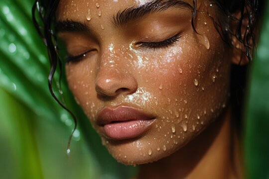Close-up of serene young female with dewy skin and wet hair