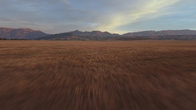 Aerial Sunrise Over Agricultural Fields Near Huesca Spain