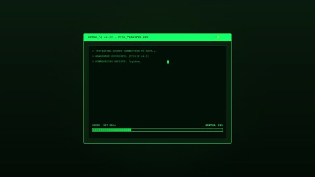 Green Retro Computer Interface Showing File Transfer Progress Bar