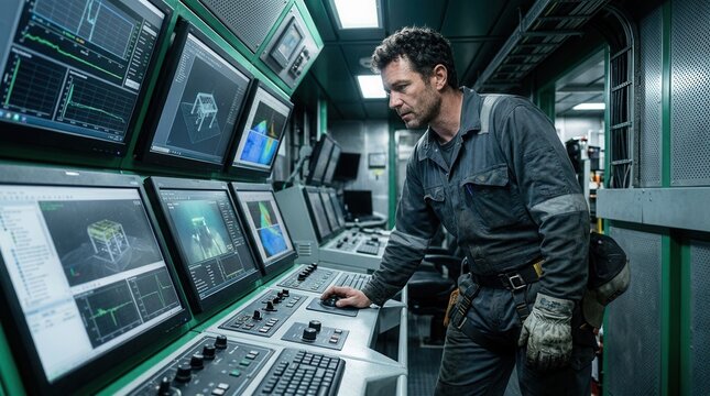 Offshore engineer in control room monitoring subsea operations on multiple screens.