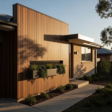 Modern Timber Clad Residential Building Exterior With Greenery