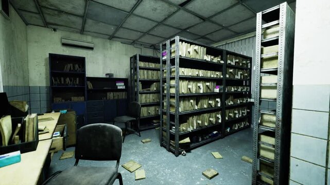 messy records room mid recovery operation, stacked crates and labeled files, sorting equipment and packing tape, methodical atmosphere, dim fluorescent