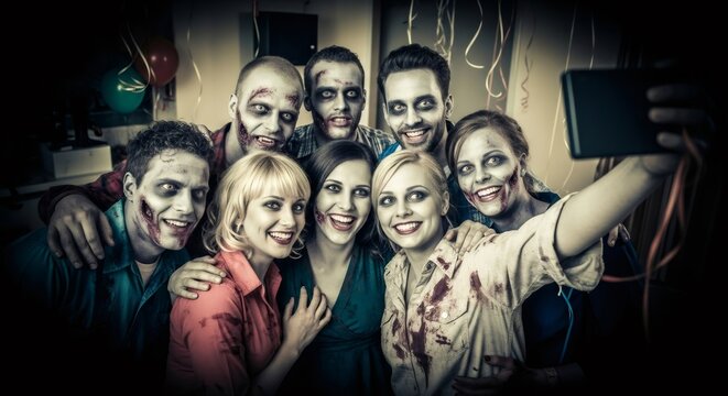 Group of young men and women zombie taking a selfie at a Halloween costume party. Horror film, nightmare, and scary concept.