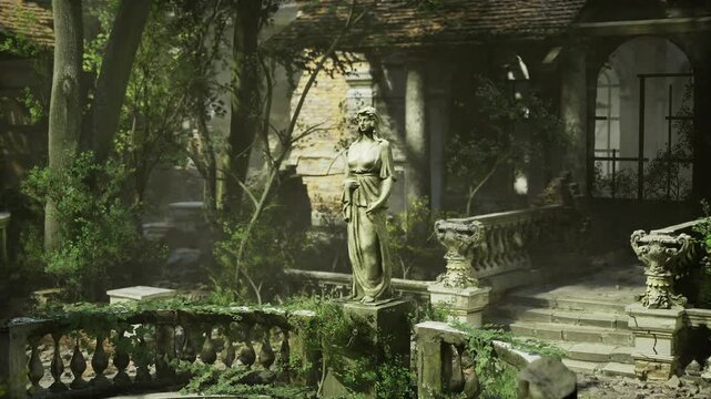 sunlit terrace statue framed by columns, bright midday light illuminating weathered stone and formal planters trimmed hedges, patterned shadows across steps,
