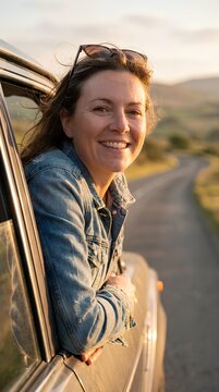 Smiling woman looking out car window.