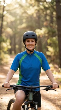 Woman cycling on forest mountain bike trail.
