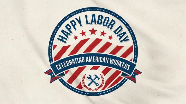 Happy Labor Day badge animation with red and blue stripes and stars on a neutral fabric background