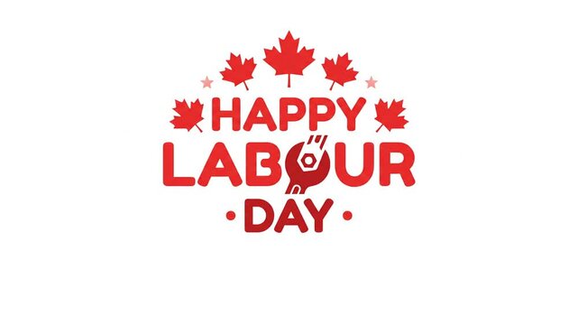 Happy Labour Day Greeting Animation with Red Maple Leaves and Tool Symbol