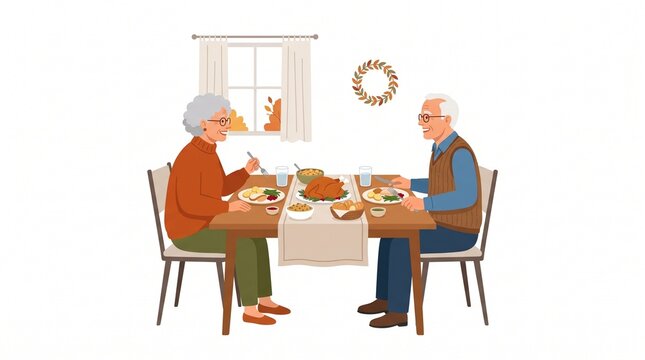 An elderly couple enjoys a holiday meal together at a dining table.  Isolated on solid white background