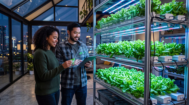 Diverse Couple Inspecting Hydroponic Urban Indoor Farm with Digital Holographic Interface