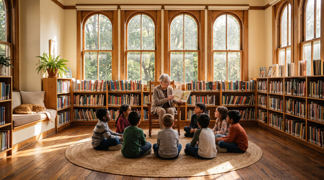 Teacher reading book to children sitting in circle at cozy library