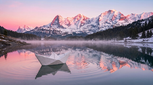 Fragile paper boat on calm lake as symbol of peace and hope