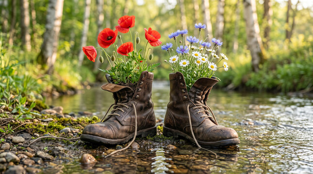 Old military boots with blooming poppies and daisies symbolizing peace after war