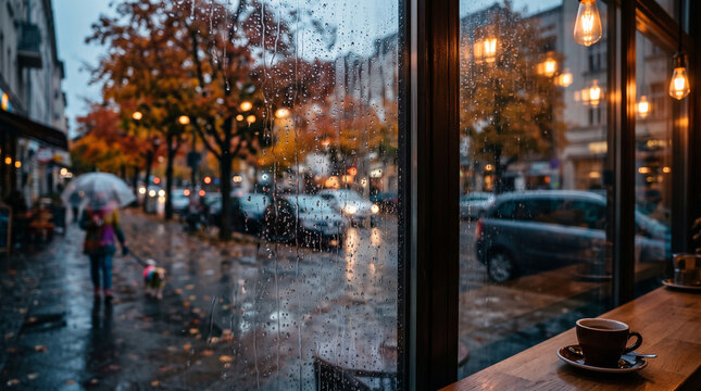 Coffee cup by rainy cafe window overlooking autumn street with pedestrian and dog