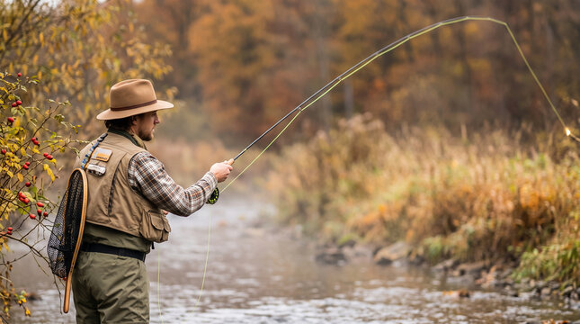 Man fly fishing in autumn river wearing hat, vest and waders